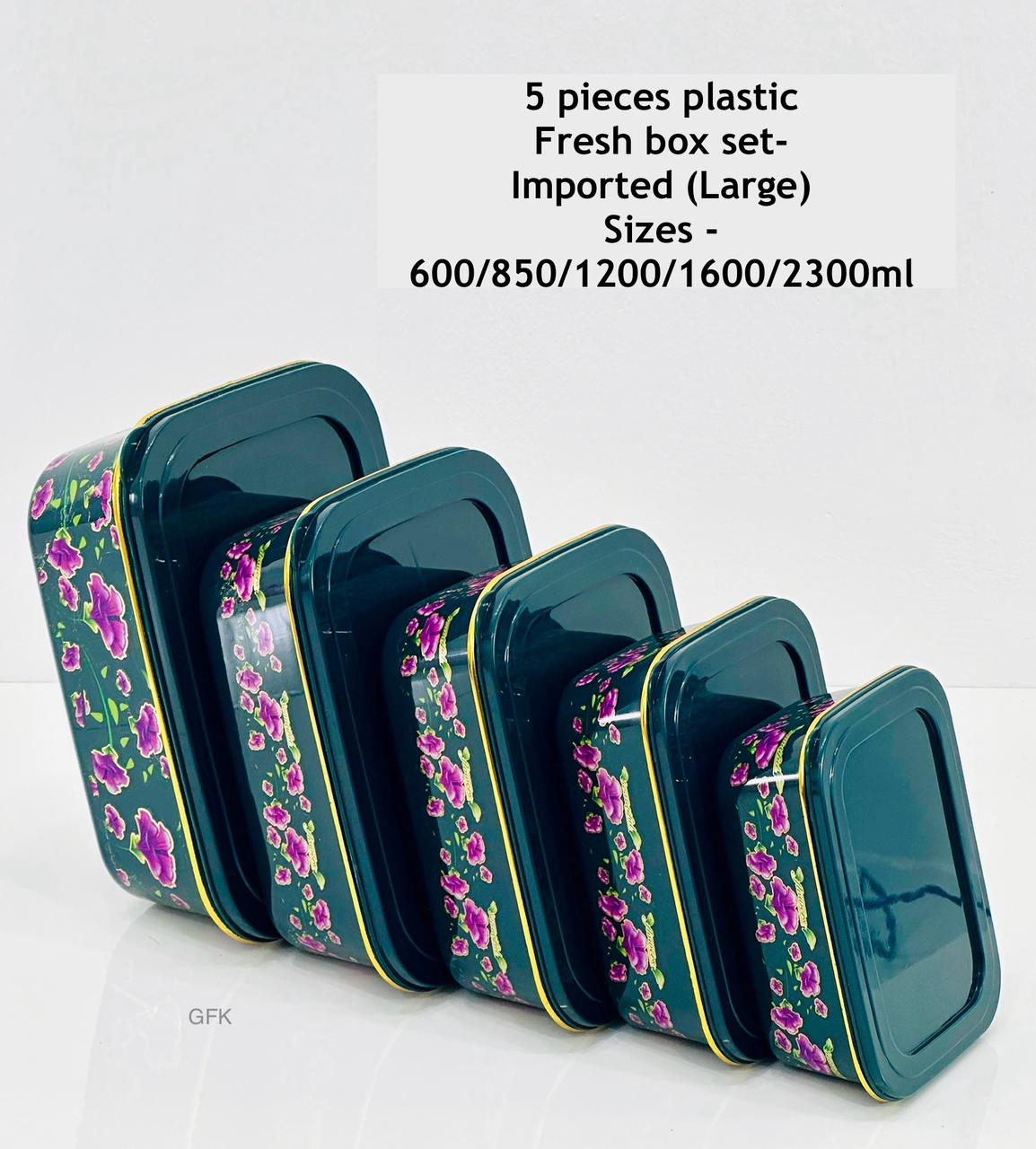 5 Pieces Plastic Fresh Box set - Imported (Large) Sizes  - 600/850/1200/1600/2300ml