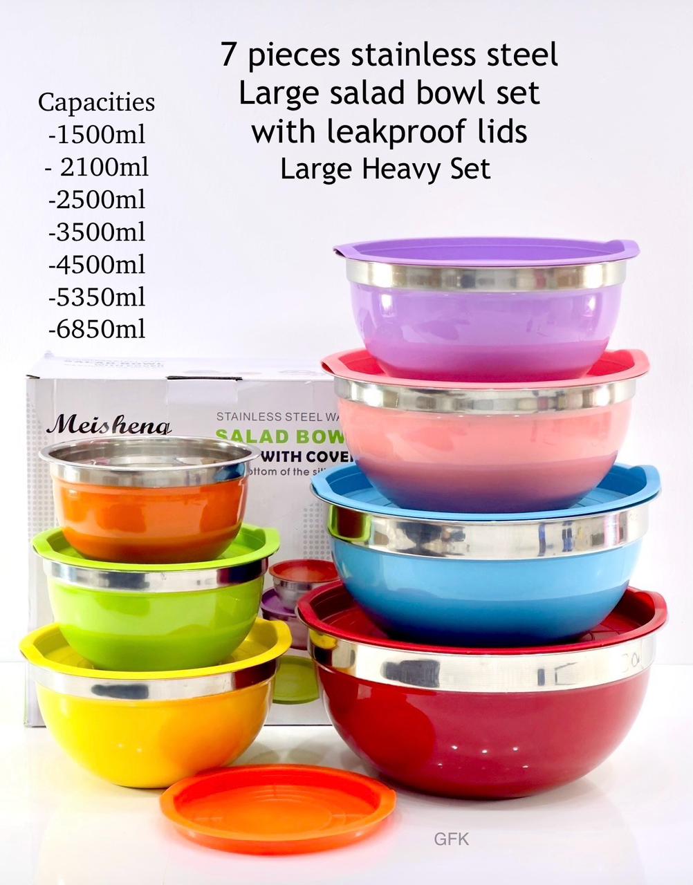 7 Pieces Stanless Steel Large Salad Bowl Set With Leakproof Lids Sizes - 18/20/ 22/24/26/28/30cm