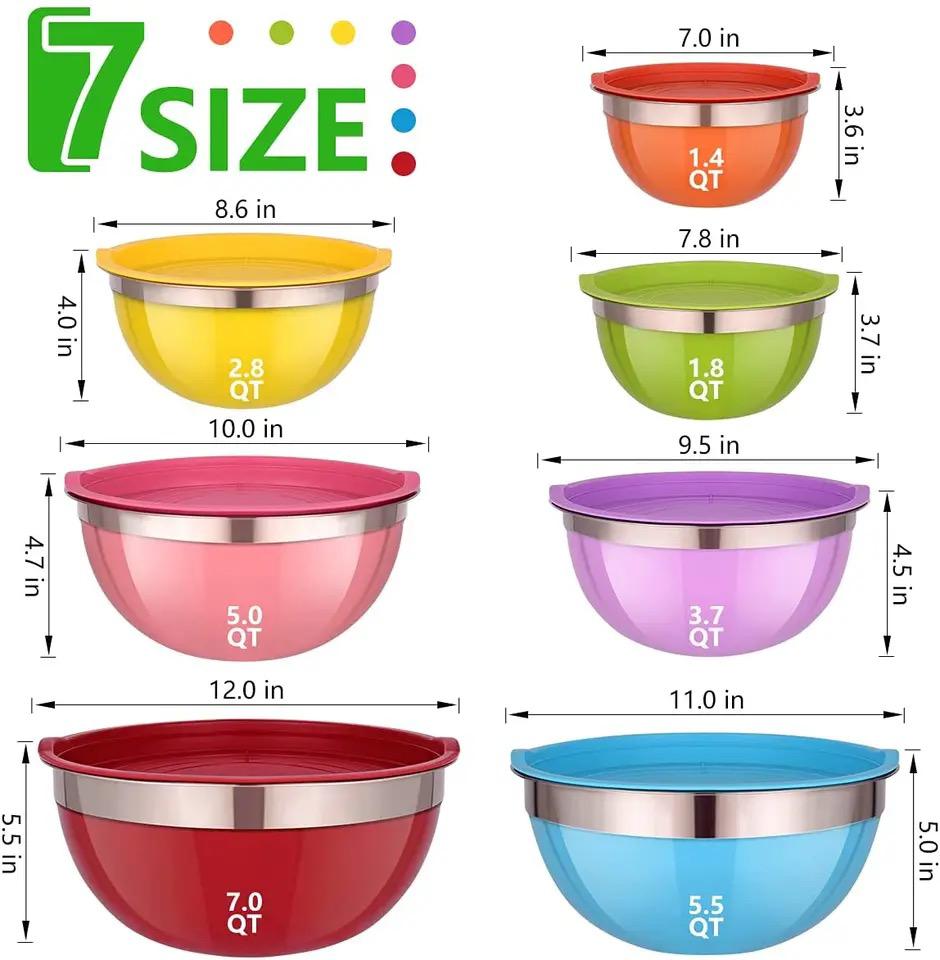 7 Pieces Stanless Steel Large Salad Bowl Set With Leakproof Lids Sizes - 18/20/ 22/24/26/28/30cm