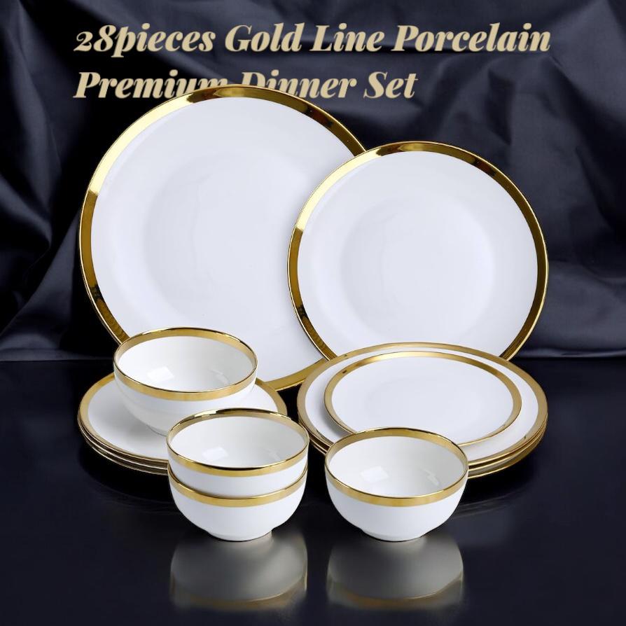 28pcs Porcelain Gold Line Dinner Set  17&18  (Sawan 12.5” x 1)  (Dinner Plate 10.5” x 6)  (Dinner Plate 9” x 6)  (Bowl 6” x 3) (Bowl 5” x 6)  (Bowl 4” x 6)